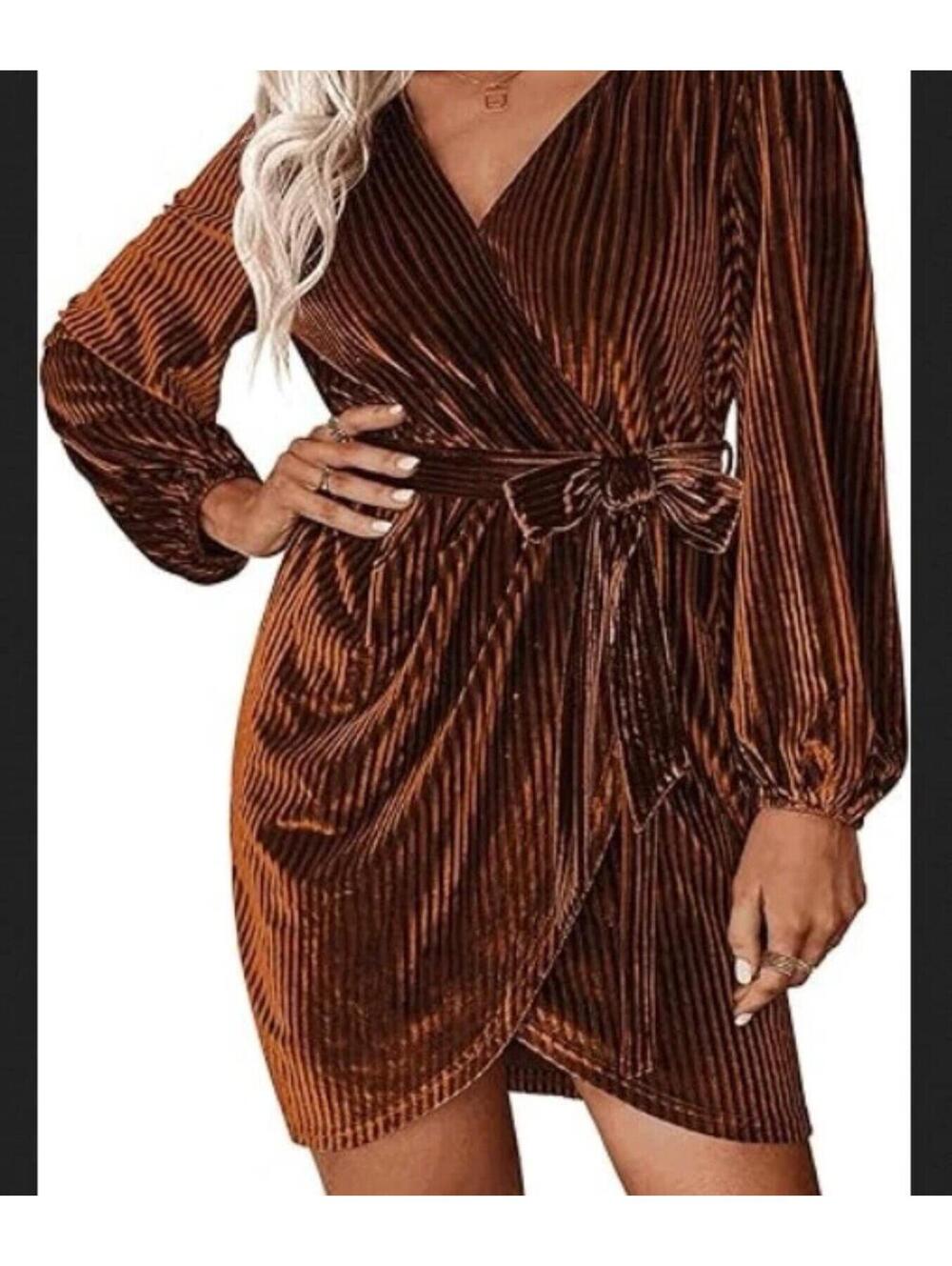 In'Voland NWT Copper Ribbed Velvet Faux Wrap Dress Stretch Party Mini 16W